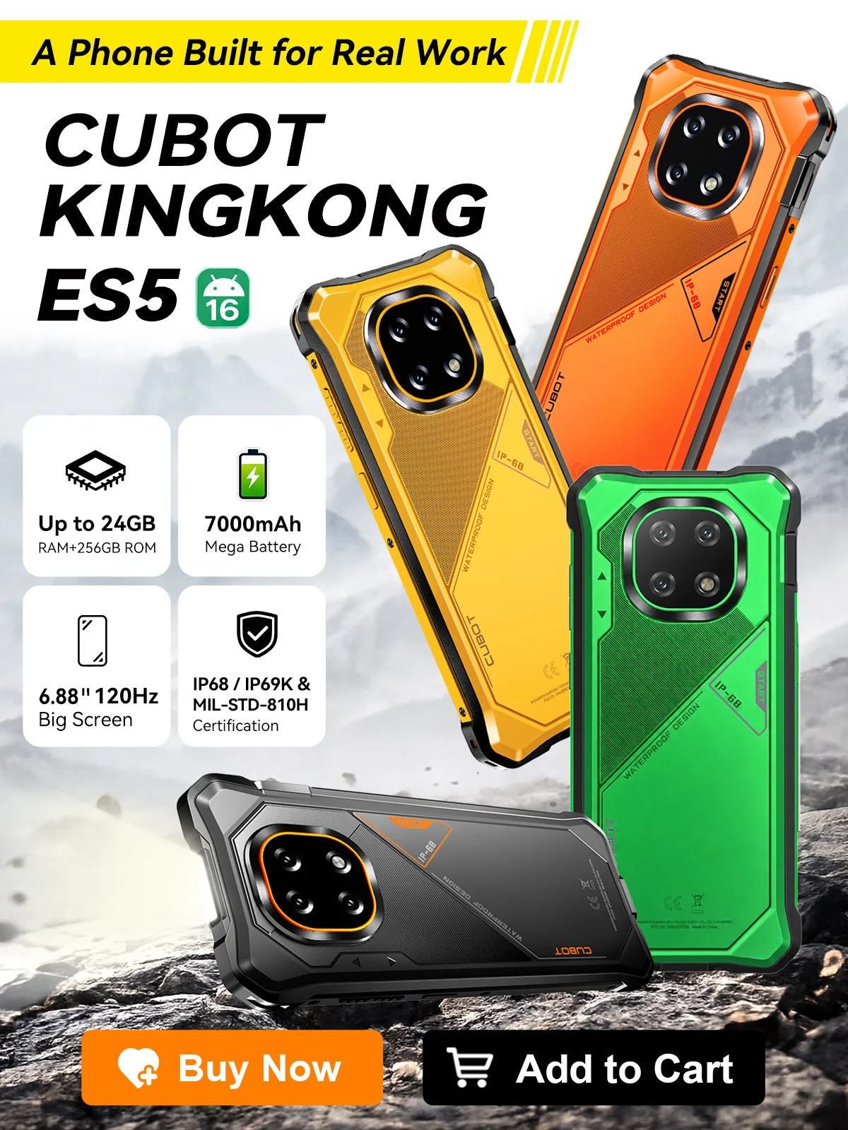 Image of Android-Smartphone Cubot King Kong ES 5, 6,88 Zoll 120Hz-Bildschirm, bis zu 24 GB RAM (12+12 GB), 256 GB ROM, robustes Handy, 7000 mAh Akku