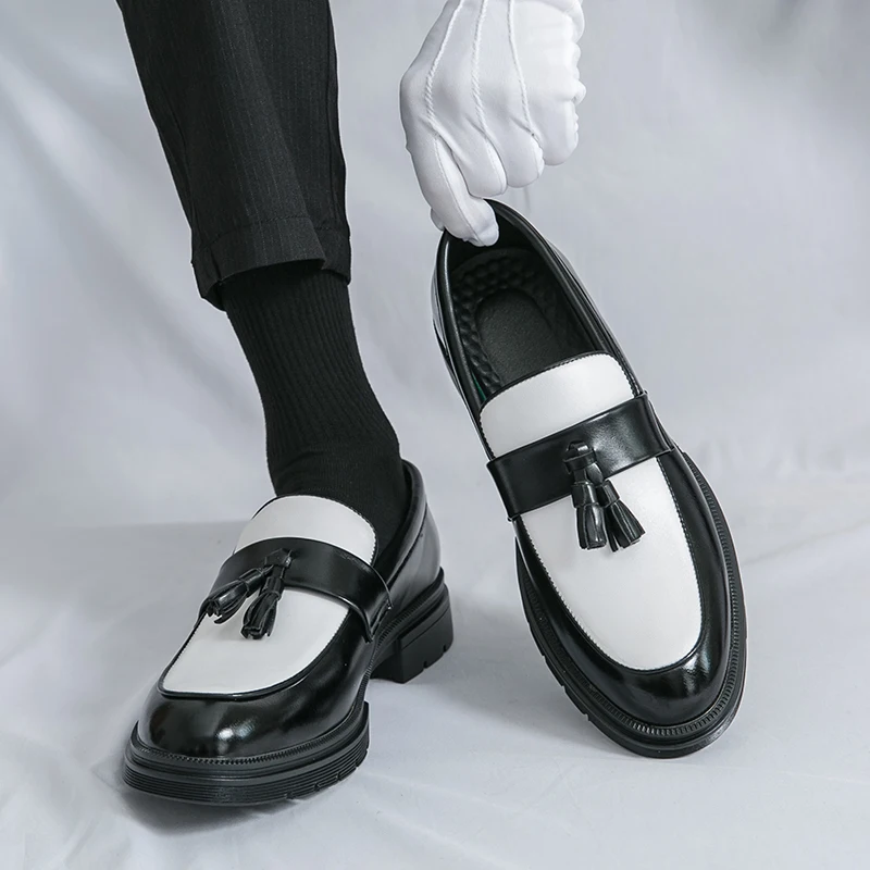 Spring New Platform Tassels Loafers Men Black and White Wedding Party Casual Shoes Formal Business Shoes Slip-on Leather Shoes