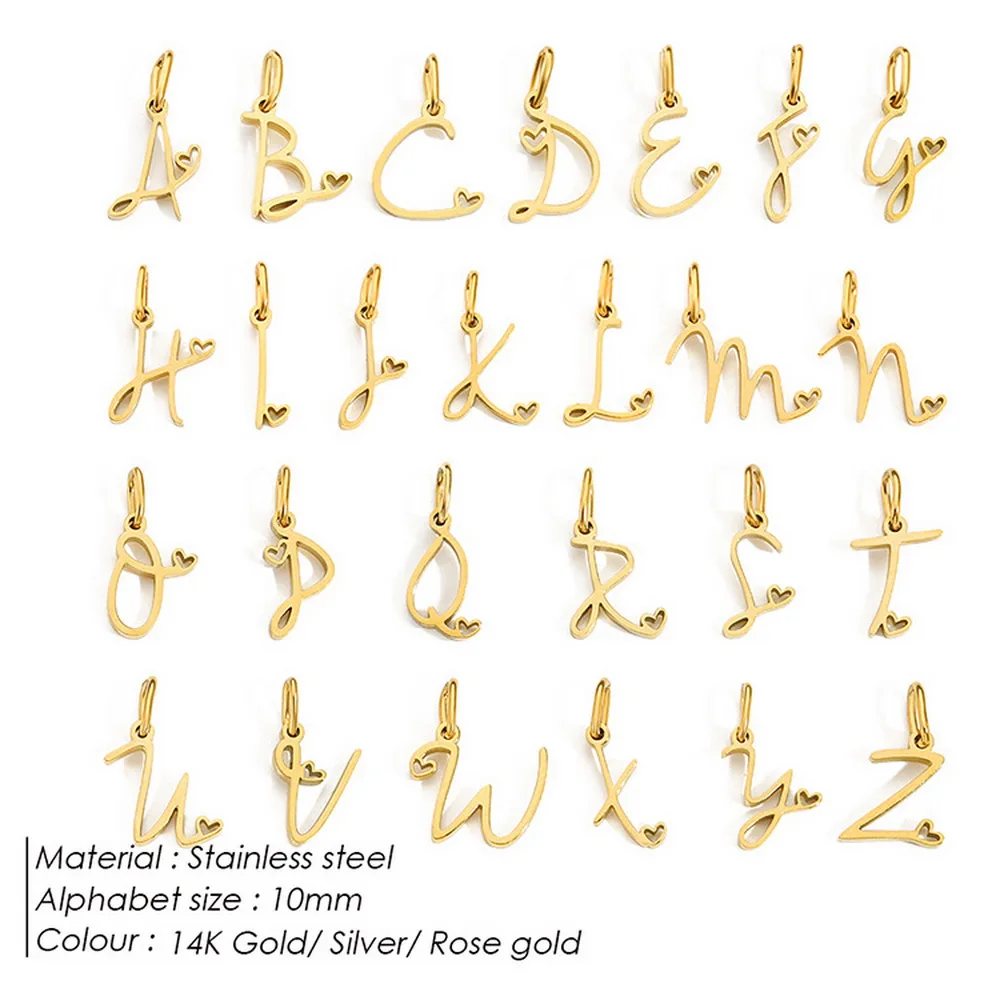 Colgante de Acero Inoxidable de 10 mm con Iniciales del Alfabeto, Chapado en Oro de 14K, Letras Cursivas de la A a la Z, Dijes de Corazón para Collar o Pulsera