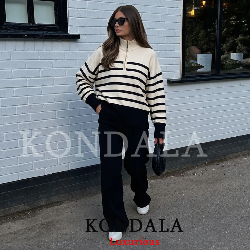 KONDALA Casual Chic Women Knitted Top Striped Stand Collar Zipper Long Sleeve Slim Top Fashion 2026 Autumn Fall Knitted Top