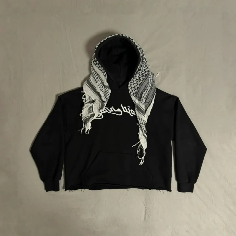 Arab Style Aesthetic Plaid Contrast Scarf Decorative Hoodie Autumn Winter Long Sleeved Letter Printing Loose Street Fashion Coat