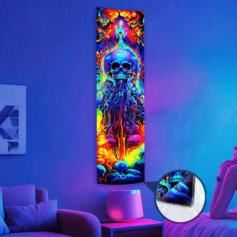 VIKAMA Black Light Mind Altering Skullcap Fungi Drip UV Active Vertical Tapestry Surreal Long Wall Decor Accent Soft Durable