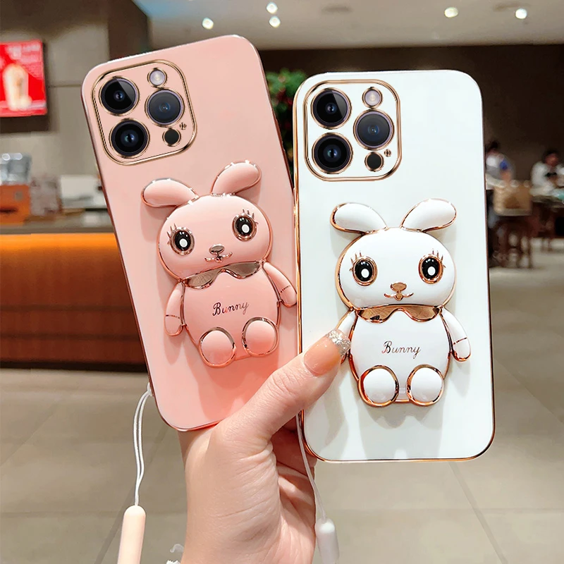 

Rabbit Stand Holder Rope Phone Case For iPhone 15 14 13 12 11 Pro Max XS X XR 7 8 6 6s Plus SE2 13 Mini Lanyard Silicone Cover