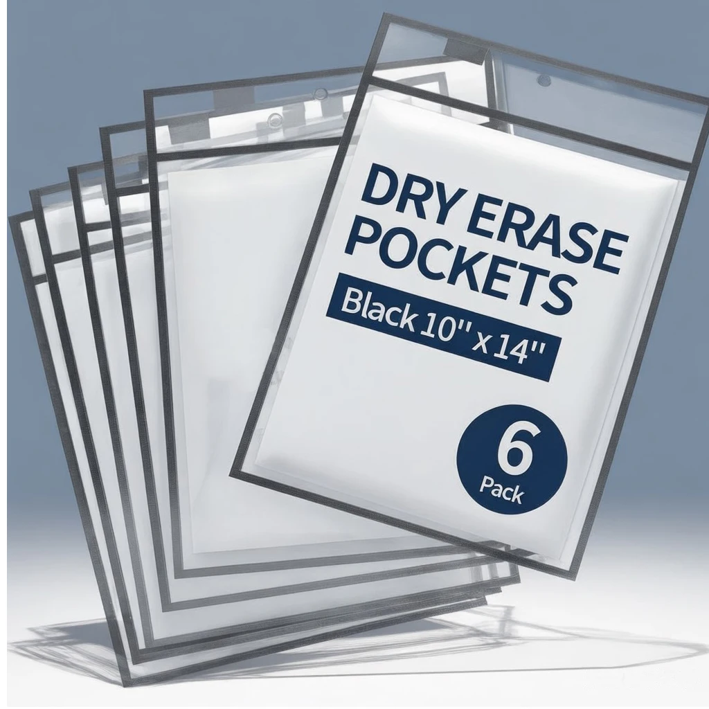 

10*14 Inch Reusable Dry Erase Pocket Sleeves - Black with Ring, Clear Plastic Ticket Holders, Teacher Classroom Supplies