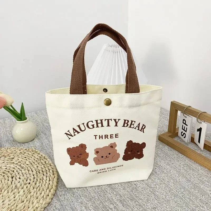 Cute Bear Canvas Mini Handheld Tote Bag Women Portable Lunch Bag Small Student School Handbag Ideal Gift Bag image 4