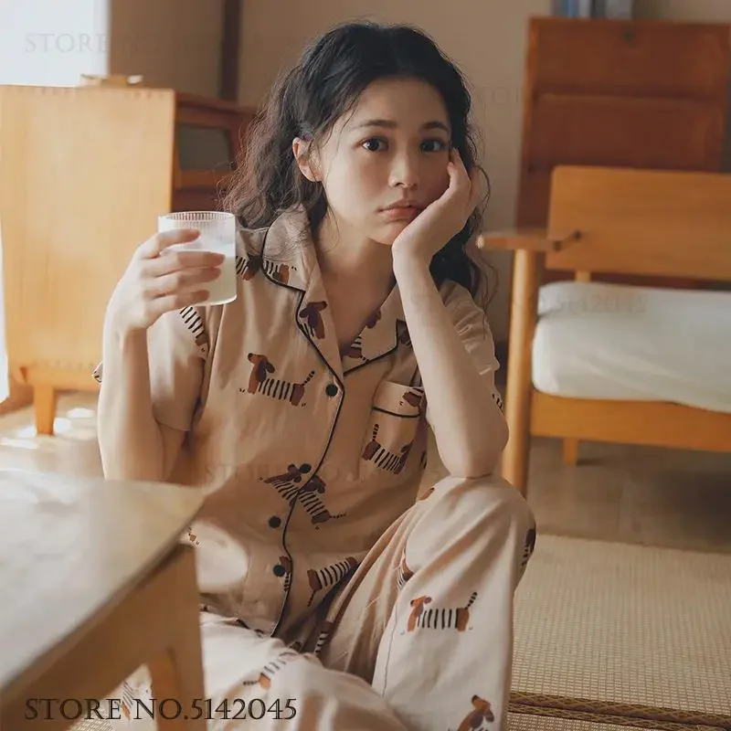 

New Female Pajamas Set Cotton Short Sleeve Trouser Pijamas Suit Homewear Summer New Cartoon Nightwear Casual Loose Loungewear