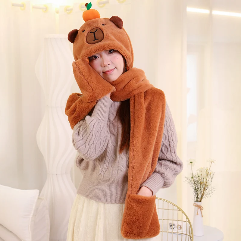 High Quality New Capybara Plush Hat Scarf Gloves 3-in-1 Elk Creative Cartoon Super Soft Warm Christmas Gift For Boys And Girls