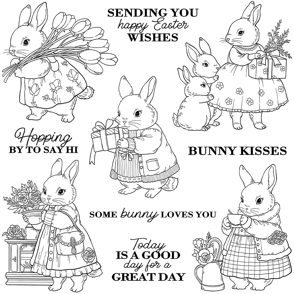 Mangocraft Cute Easter Rabbits Bunny Family Clear Stamps Spring Flowers DIY Scrapbooking Supplies Silicone Stamp For Card Decor
