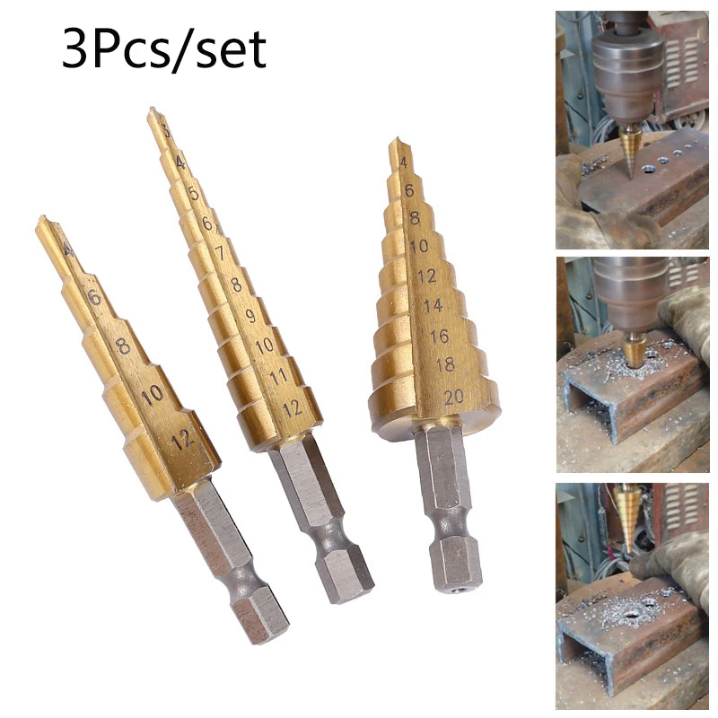 3pcs HSS Titanium-Coated Spiral Groove Step Drill Bit 3-12 4-12 4-20 Power Tool Step Drill Bits Set Metal Multi-Hole Taper Drill