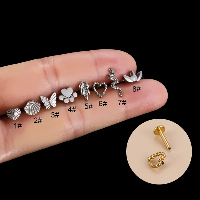 1Piece 1.2*8mm G23 Titanium Piercing Heart Snake Flat Studs Lip Stud Earring for Women Ear Cuffs Titanium Body Jewelry