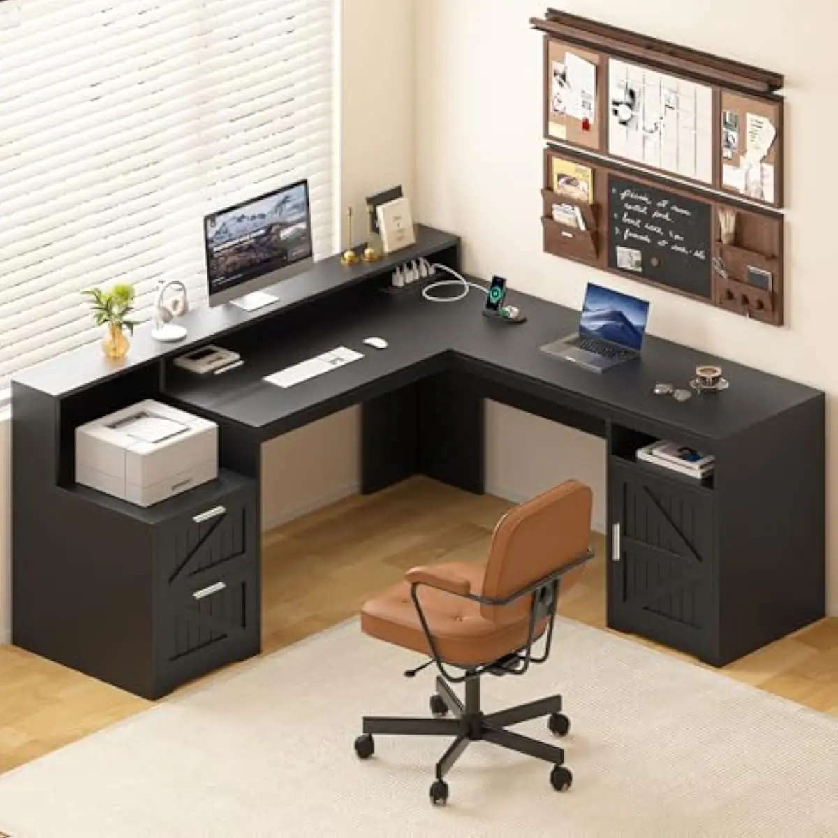 63 Inch L-Shaped Modern Desk with Built-In USB Ports AC Outlets Ergonomic Monitor Stand Printer Shelf Two Drawers Open Compartme