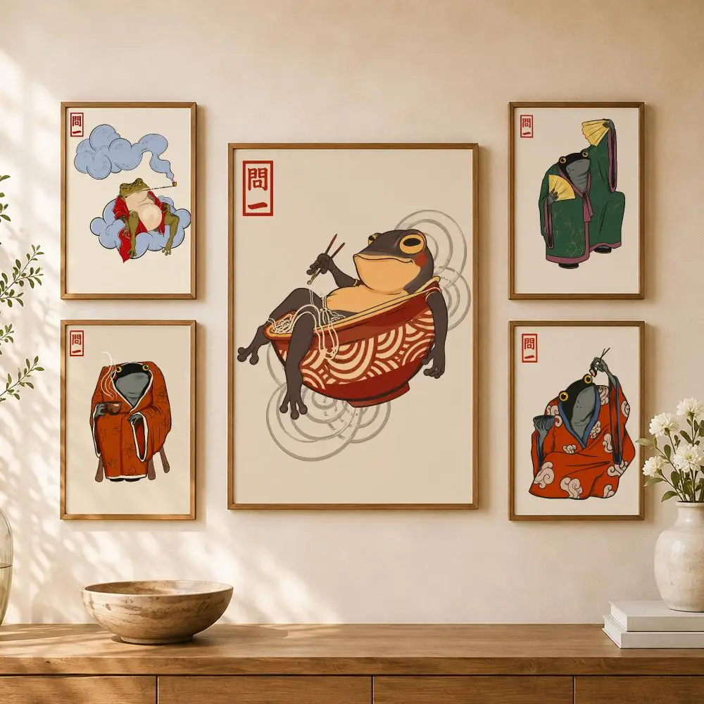 Japanese Ukiyoe Frogs Kimono Music Traditional Folk Fantasy Poster Home Room Bar Cafe Club Decor Aesthetic Art Wall Painting