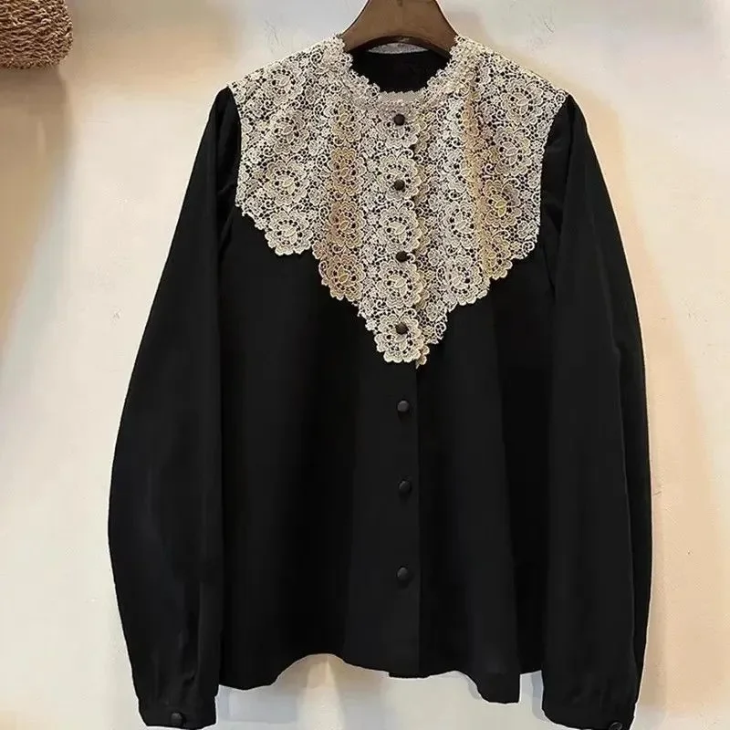 

2026 Spring Summer Autumn Shirt Women's Shirt Top High End Lace Splice Round Neck Shirt Blouse Korean Women Receive High Praise