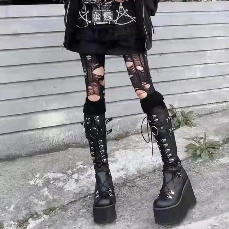 Goth Y2K Platform Over Knee Boots Women Punk Fur Trim Metal O‑Ring Lace Up Alt Cosplay Festival Rave Shoes Free Shipping