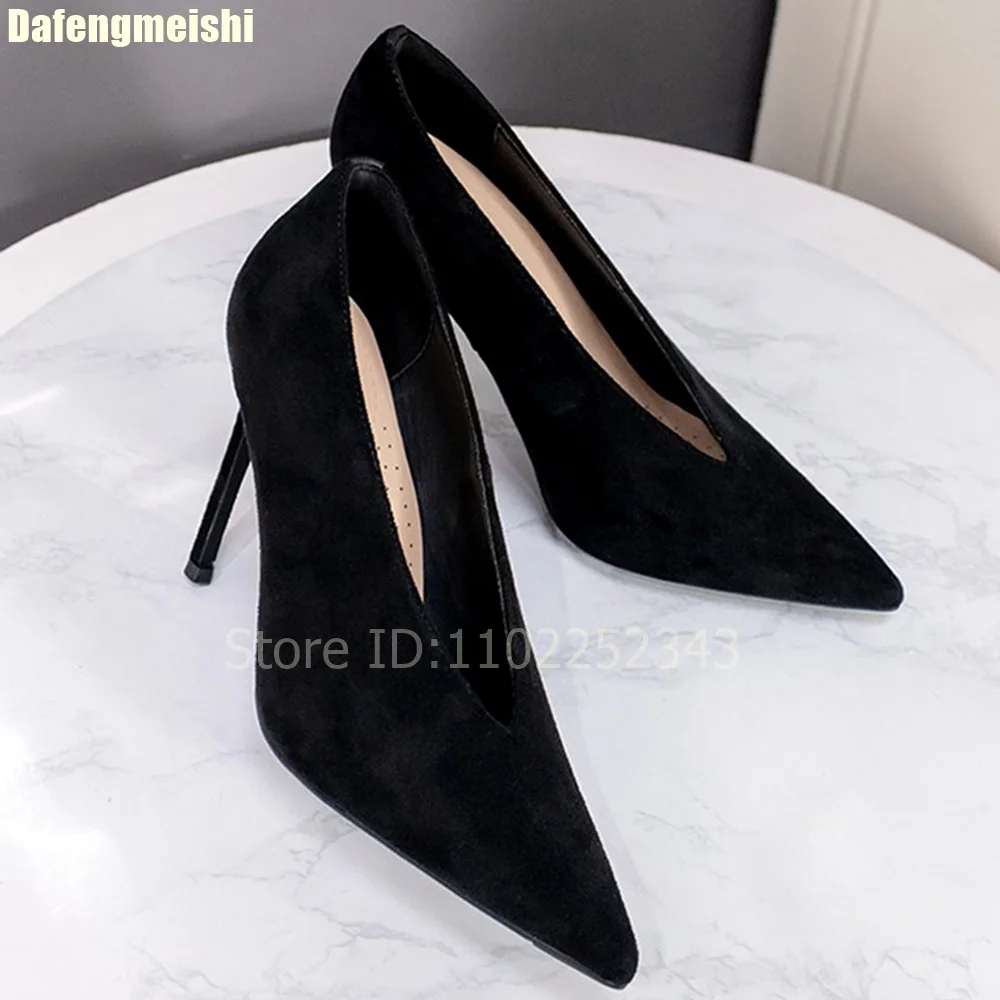 

2025 New V-Neck Pointed Toe Pumps Women Sexy Stilettos Heels Black Suede Shallow Slip On Casual Fashion Shoes