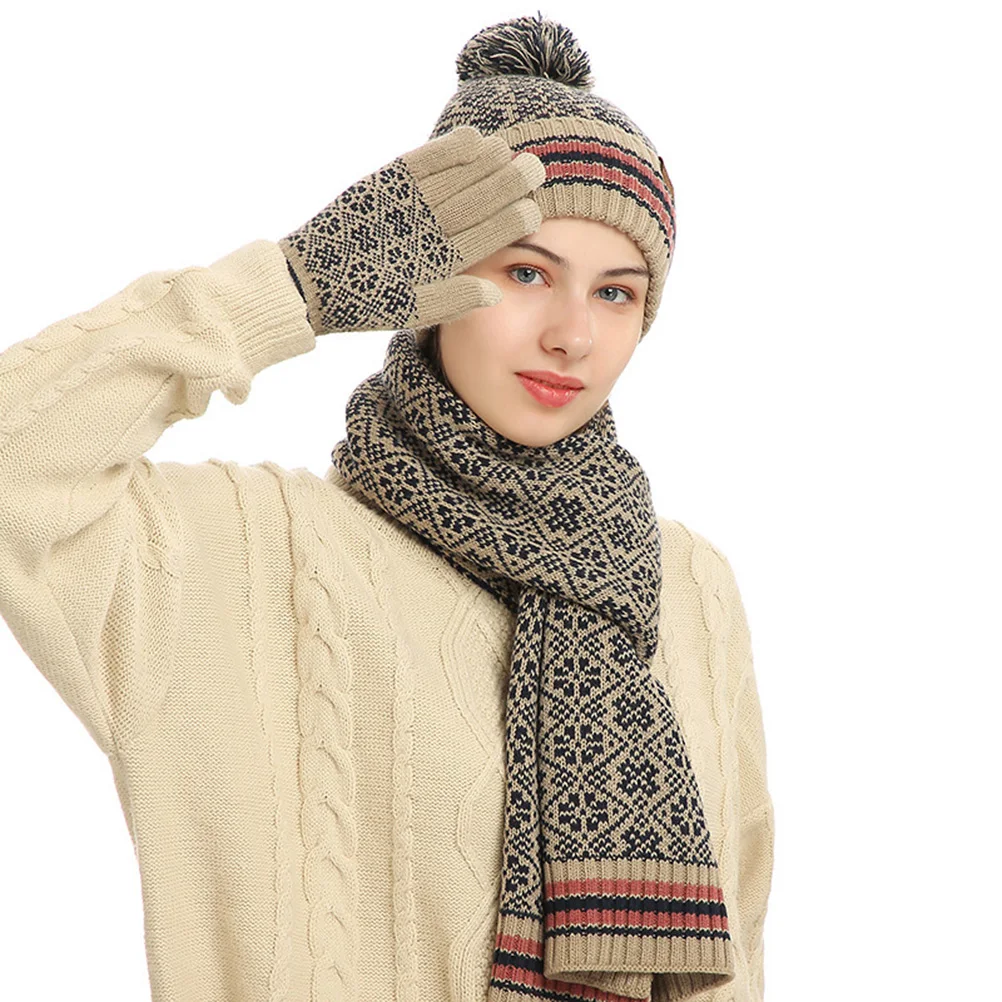 Winter Knitted Hat Scarf Gloves Set Windproof Fleece Lined Warm with Pompom Touch Screen Gloves for Women Men Cycling Skiing