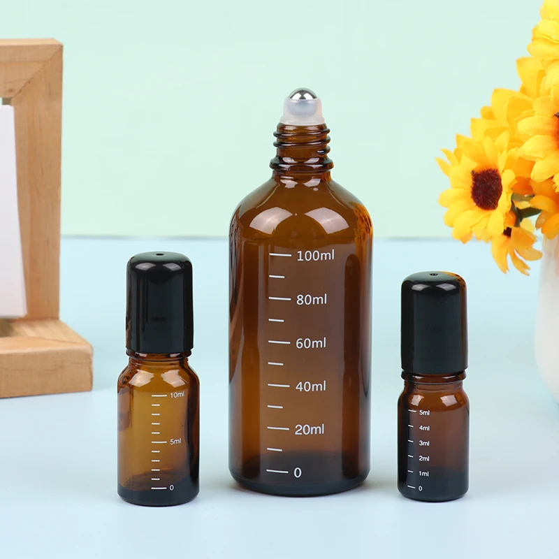 1Pc 5/10/15/30/50ML rotolo di vetro sottile ambrato su bottiglia per fiale di olio essenziale con contenitori per bottiglie riutilizzabili a sfera in metallo a rullo