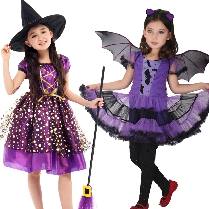

Halloween Children Cosplay Witch Little Devil Trick or treating Costume Clothes Dress with Wizard Hat Halloween Eve Dress Up