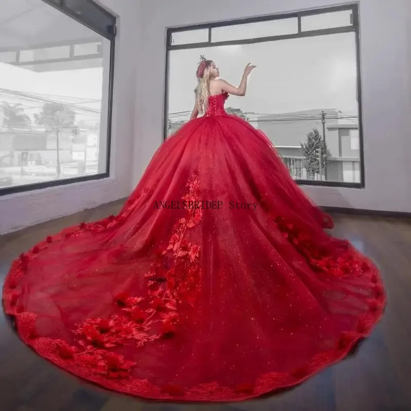 ANGELSBRIDEP Mexico Red Quinceanera Dress Appliques Royal Train Rhinestones Princess  Sweet 16 Vestidos De XV 15 Anos Customized