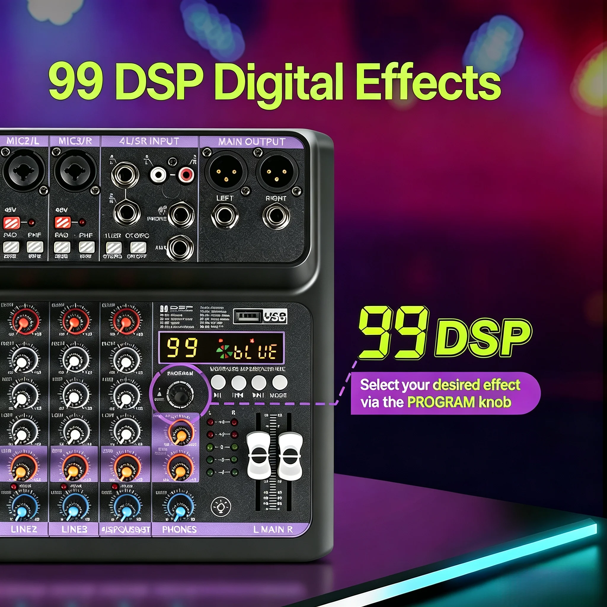 FUHAM 5채널 HD 오디오 믹서 사운드 카드 DSP 48V 팬텀 파워 라이브 스트리밍 PC 녹음 KTV 밴드용 하이파이 노이즈 감소 썸네일 2