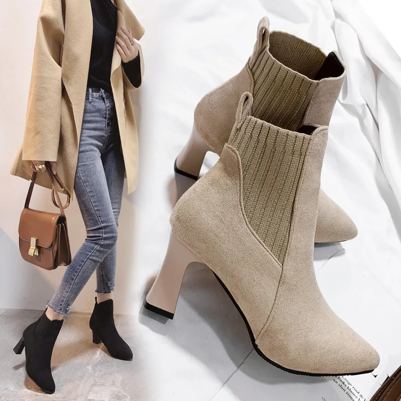 Ankle Boots Women Autumn Pointed Toe Knitted Warm Elastic Women\'s Shoes Shoes Casual High Heels Platform Boots Botas De Mujer