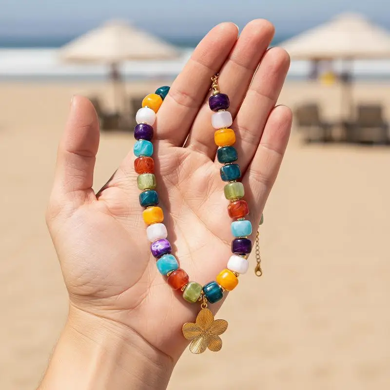 Multicolor Marbled Square Bead Necklace Women Gold Five Petal Flower Pendant Adjustable Boho Chunky Collar Jewelry No Break