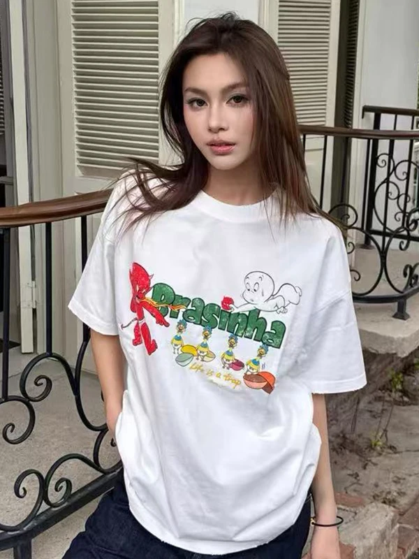 

Purey 25ss American Sle Waed Loose Casual ort Sve T-irt ex Trendy round Ne Youth Faion Autumn Collection