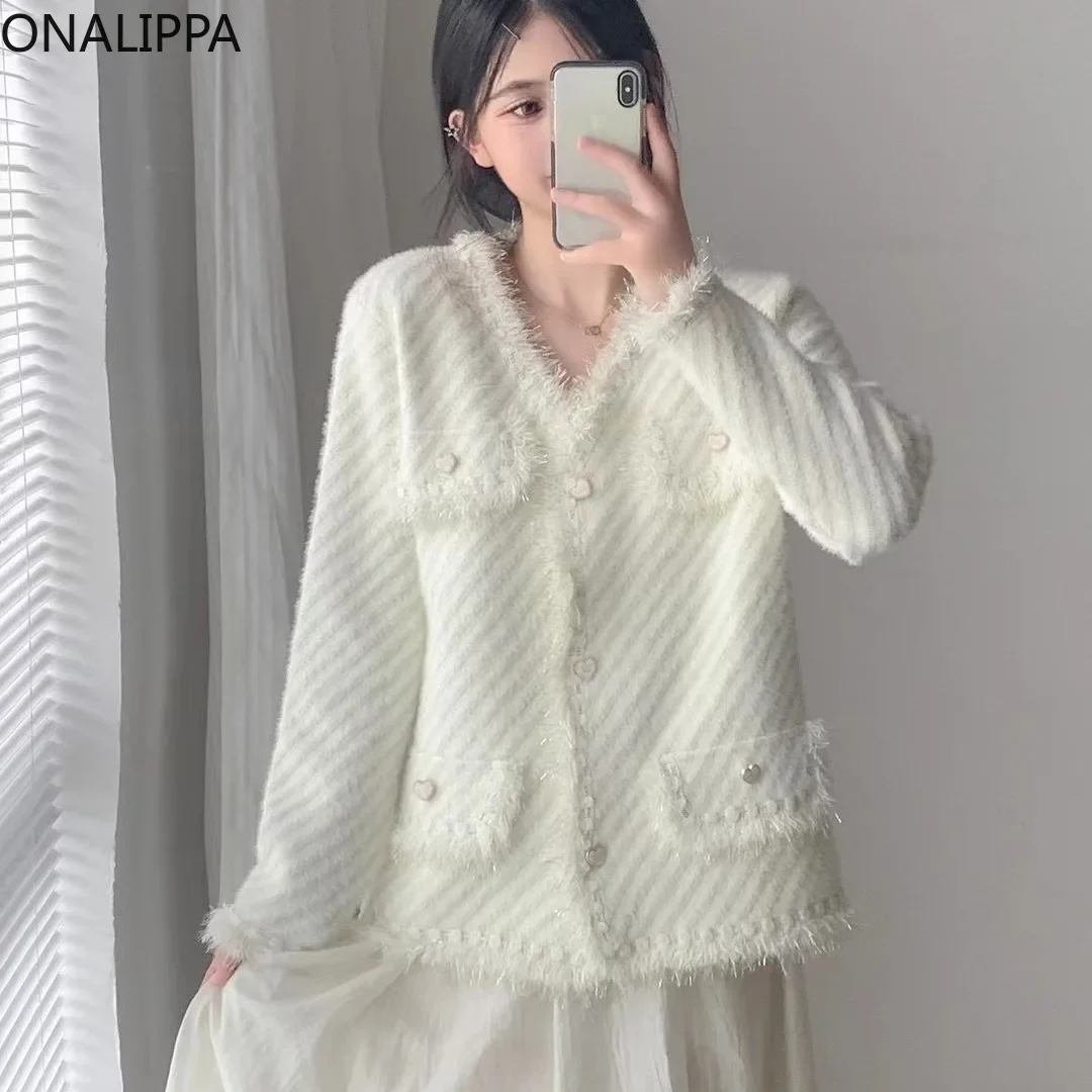 Onalippa Small Fragrance Tassel Knitted Cardigan Heart Shape Buttons Sweet Loose Cardigans Chic Design Long Sleeves Sweater