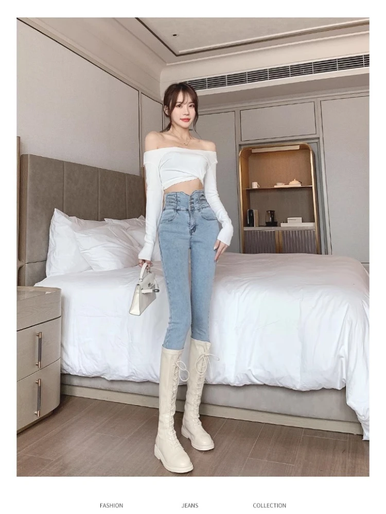 

Women Vintage Skinny Stretch Denim Pants Spring Fall Casual Streetwear Slim Korean Style Design High Waist Pencil Jeans