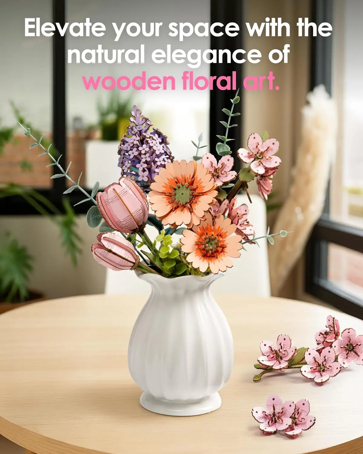 Fleur de tulipe en bois, ensemble de construction de fleurs artificielles DIY, Kit artisanal pour adultes, fête des mères/saint-valentin pour maman/femmes/grand-mère