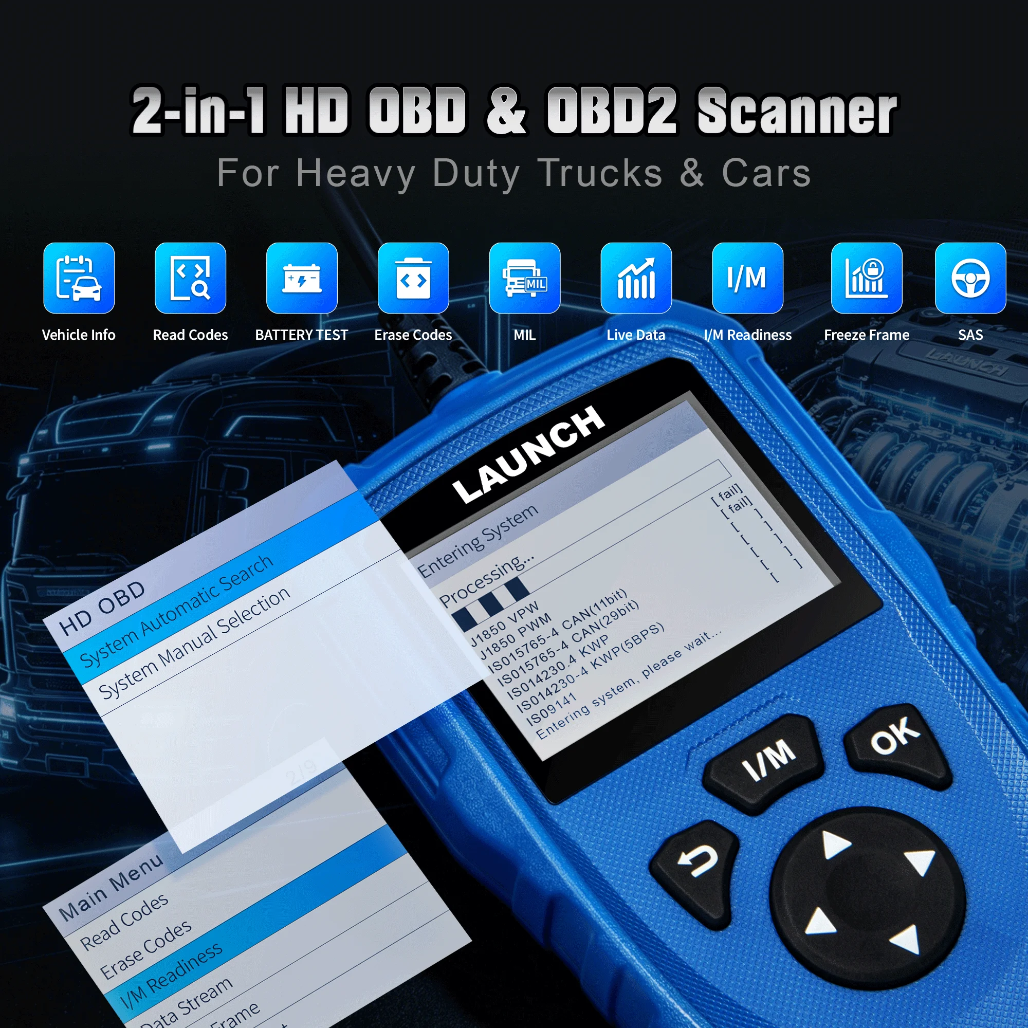 2026 LAUNCH CR HD V2 OBD2 Vehicle Code Reader Truck Scanner Supports HD OBD EOBD Fast Fault Code Reading/Clearing,Battery Check