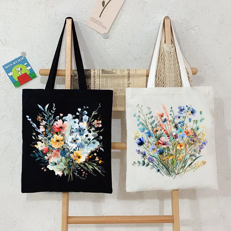 

Wildflowers Plant Boho Aesthetic Handbags Women Watercolor Floral Canvas Tote Bag Portable Reusable Women Shoulder Commuter Bag