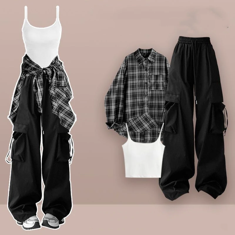 2025 Spring Fall New Women Black Plaid Shirts Sling Cargo Pants 3 Piece Sets Lady Casual Loose Blouse Vest Trousers Suits