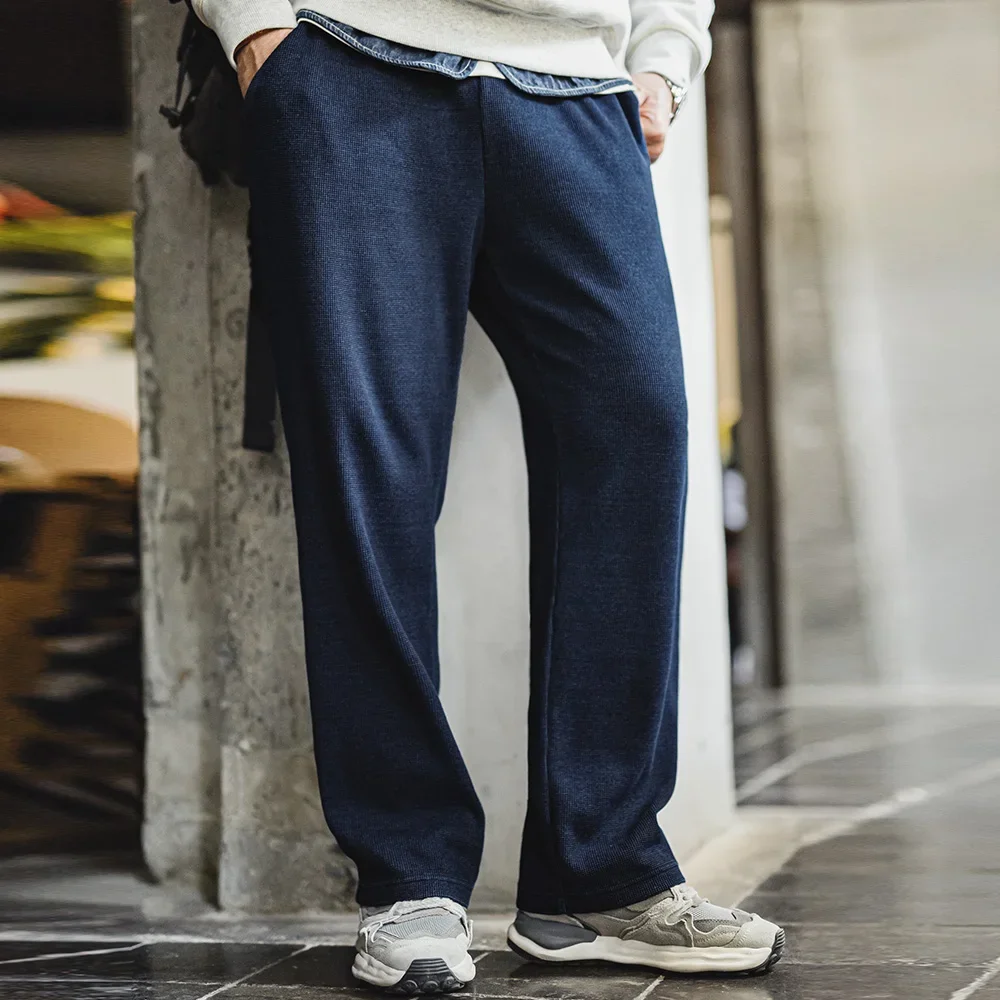 

Винтажные свободные трикотажные вафельные спортивные штаны Maden, мужские прямые однотонные брюки с эластичной резинкой на талии и брюки на шнурке на осень