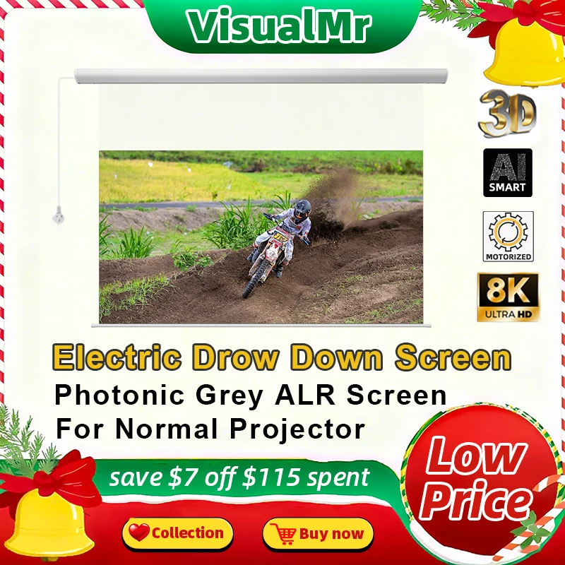 

Hot Electric Drop Down Projection Screen Motorized Wall Mount 120inch Photonic Grey ALR Screen 16:9 4K Projection with Floating