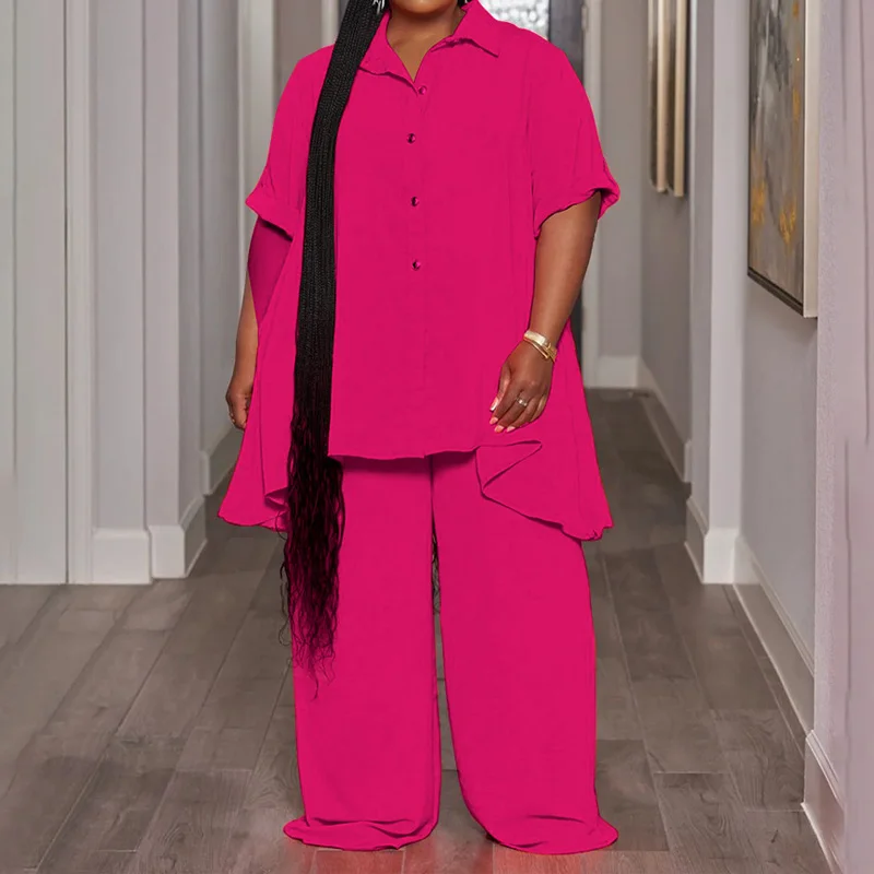 Slergiri Women's Plus Size Two 2 Piece Set 2025 Summer Turn-down collar Button Long Shirt Top And Wide-leg Pants Woman Sets