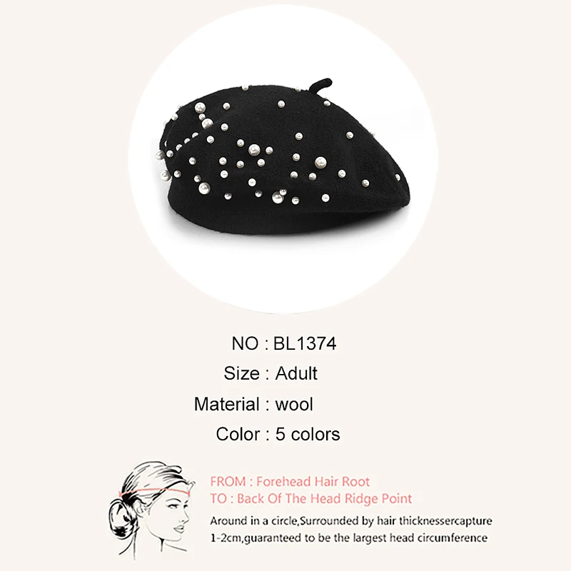 Woman Autumn Winter French Rhinestone Pearls Wool Berets for Female French Artist Wool Cap Retro Hat Solid Color Lady Caps