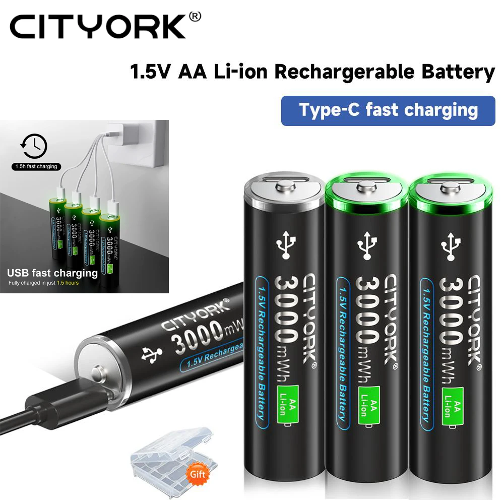 Аккумулятор CITYORK 1.5V 3000mWh с USB Type-C, перезаряжаемая литий-ионная батарея для пультов дистанционного управления, беспроводных мышей, умных дверных замков