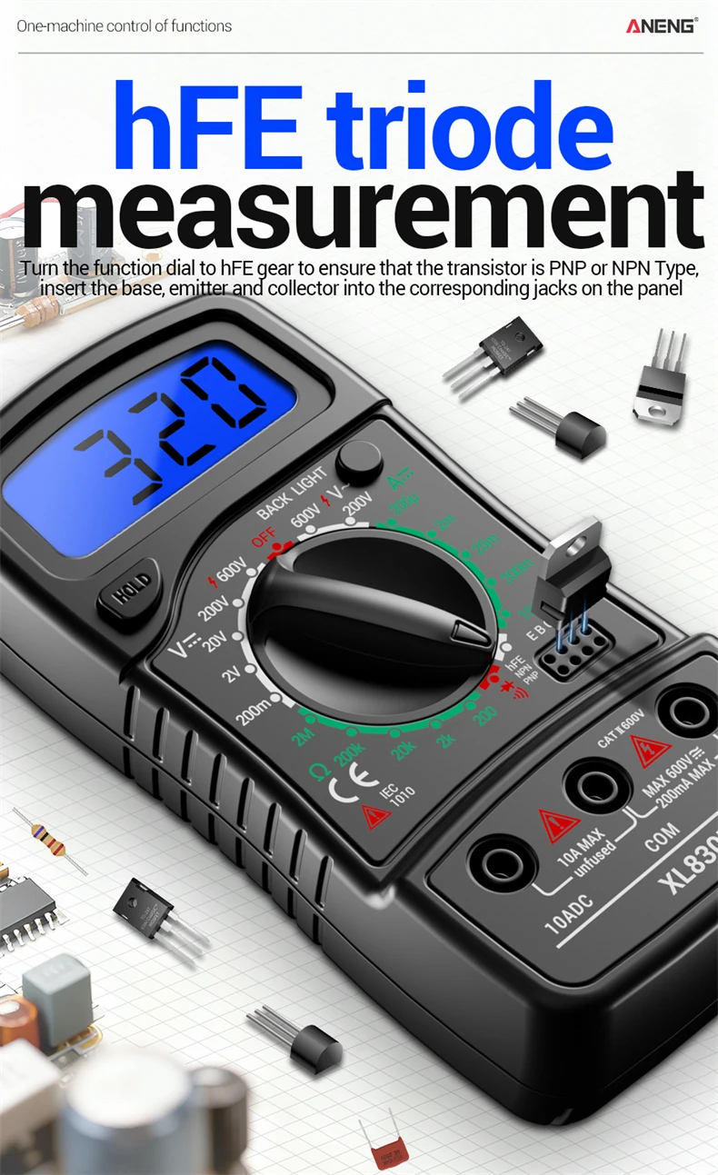 ANENG XL830L LCD-Hintergrundbeleuchtetes Multimeter 1999 Messungen 600V AC/DC Spannung DC 10A Strom Widerstand Dioden HFE Detektor mit Datenhaltefunktion – Detail 3