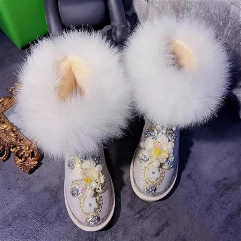 Fox hair rhinestones three-dimensional flower sequins gemstone fringe beaded lace snow boots handmade custom women's boots 35-40