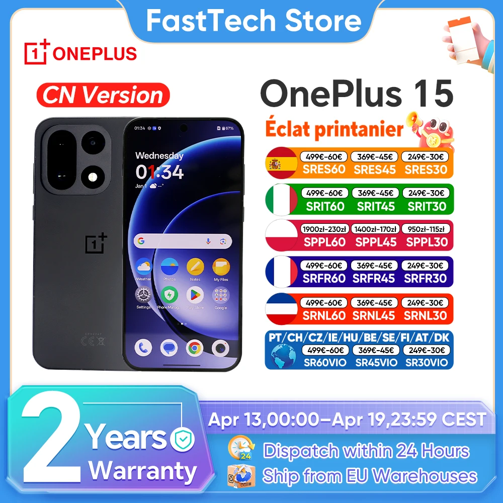 Smartphone OnePlus 15 5G, Snapdragon 8 Gen 5, écran AMOLED 6,78 pouces 165 Hz, 7300 mAh, 120 W, triple appareil photo 50 MP