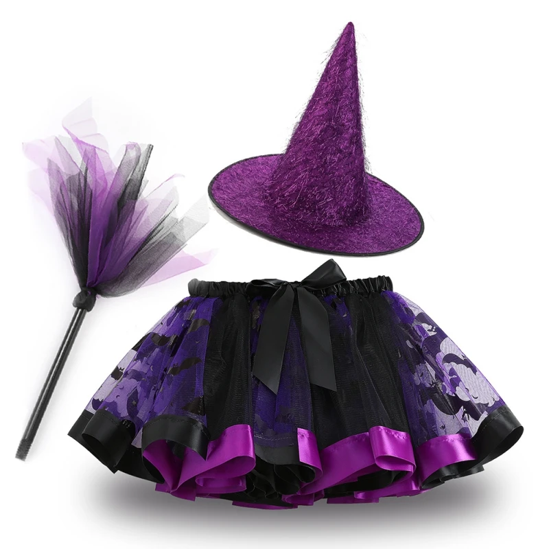 Ragazze Mago Strega Tutu Abiti Set Bambino Bambini Costumi Cosplay di Halloween con Fiocco Bambini Fantasia Gonne di Tulle Abiti 3 Pezzi 2-8Y