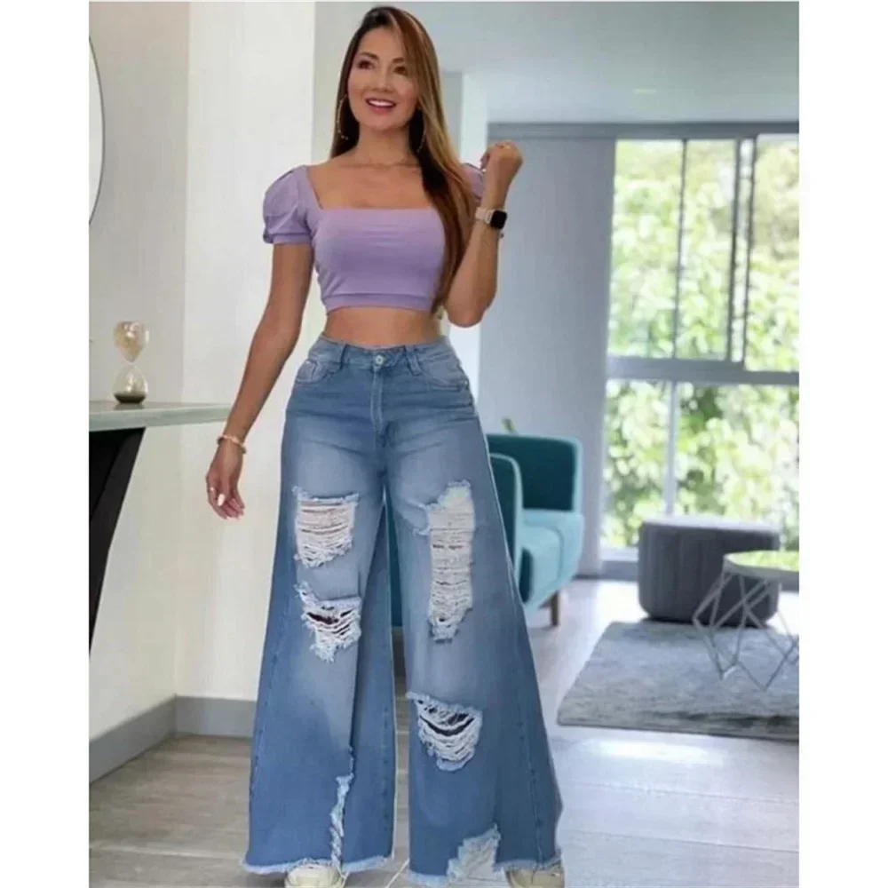 Streetwear Gerade Hosen Damen Zerrissene Jeans Hohe Taille Lose Breite Bein Hosen Damen Jeans Y2K Sommer mon jeans High Street Jean