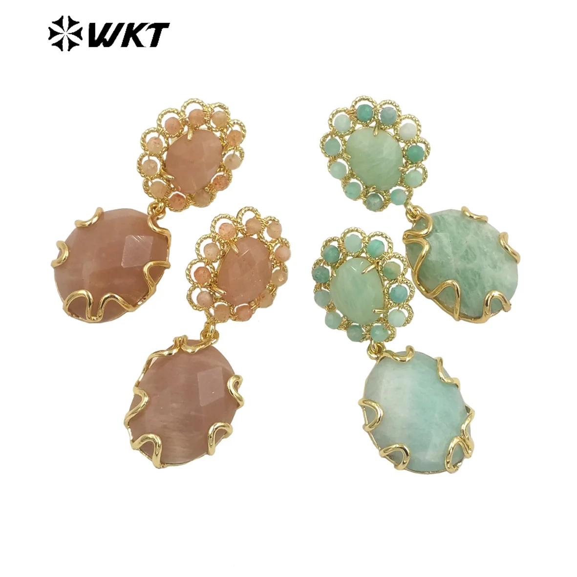 

WT-E720 Gorgeous faceted stone made earrings women gold claw setting handmade Sun stone dangle earrings INS hot charming earring