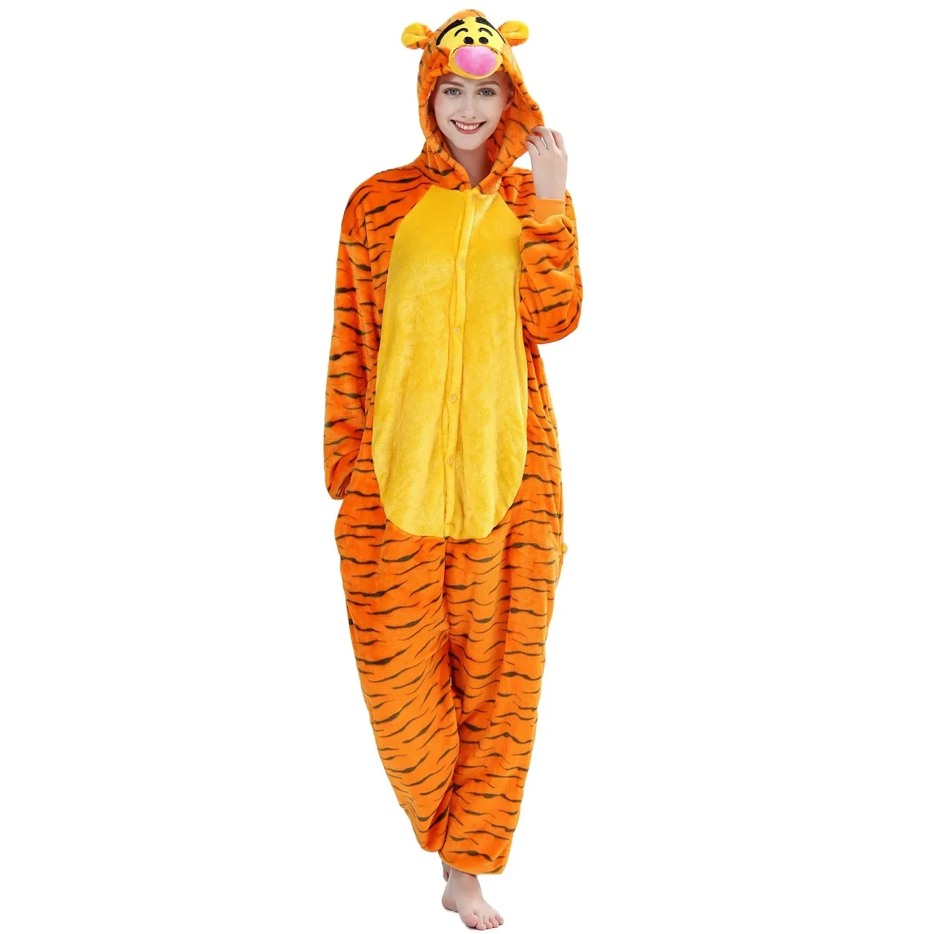 Winter Unisex 3D Jumping Tiger Cosplay Costumes Onesies Women's Sleep Pajamas Adults Flannel Pyjamas Animal Sleepwear Jumpsuit
