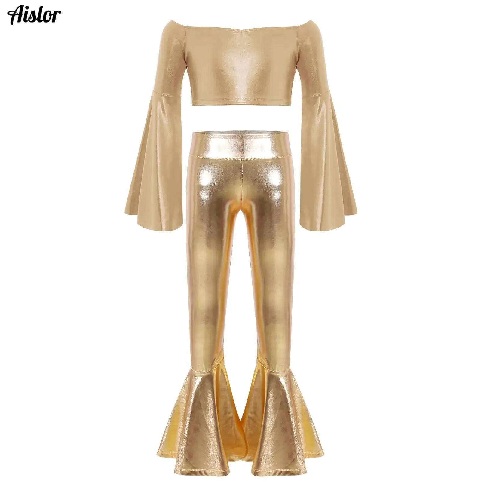 

2Pcs Kids Girls Disco Jazz Dance Outfit Long Flared Sleeve Off-Shoulder Metallic Crop Top+Bell-bottom Shiny Pants Set Streetwear
