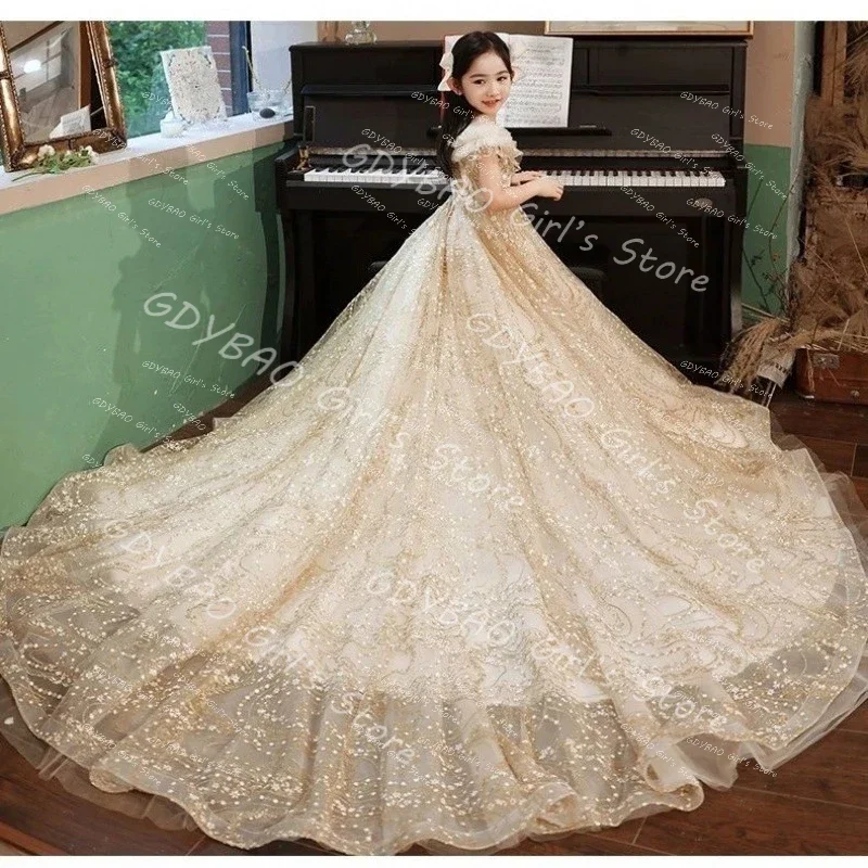 Champagne Lace Girls Party Dress Brush Train Children's Flower Girl Dress Prom Evening Gowns Custom Made Vestidos de Festa