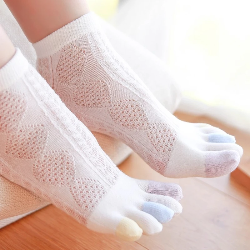 4 Pairs Summer Thin Cotton Five-finger Women's Socks Twist Pattern Hollow Light Short Tube Mesh Cotton Toes Socks
