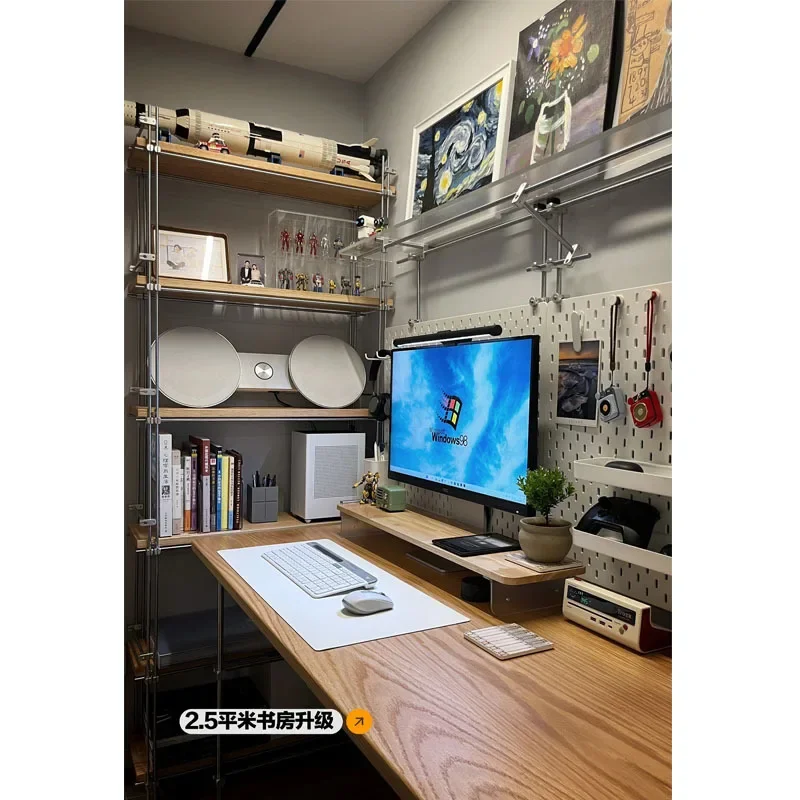 Simple solid wood desk bookshelf bookcase household multi-functional hole board student computer desk