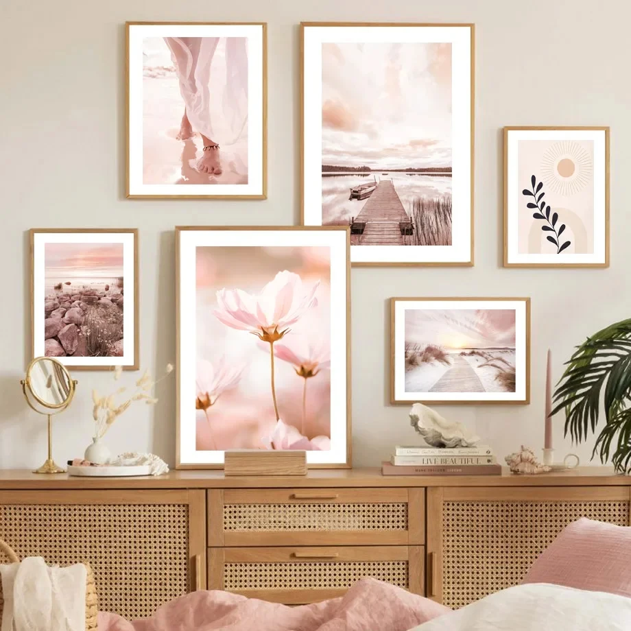 Pink Beach Sunset Plants Bohemian Lines Wall Art Canvas Painting Nordic Posters and Prints Living Room Home Decoration Pictures